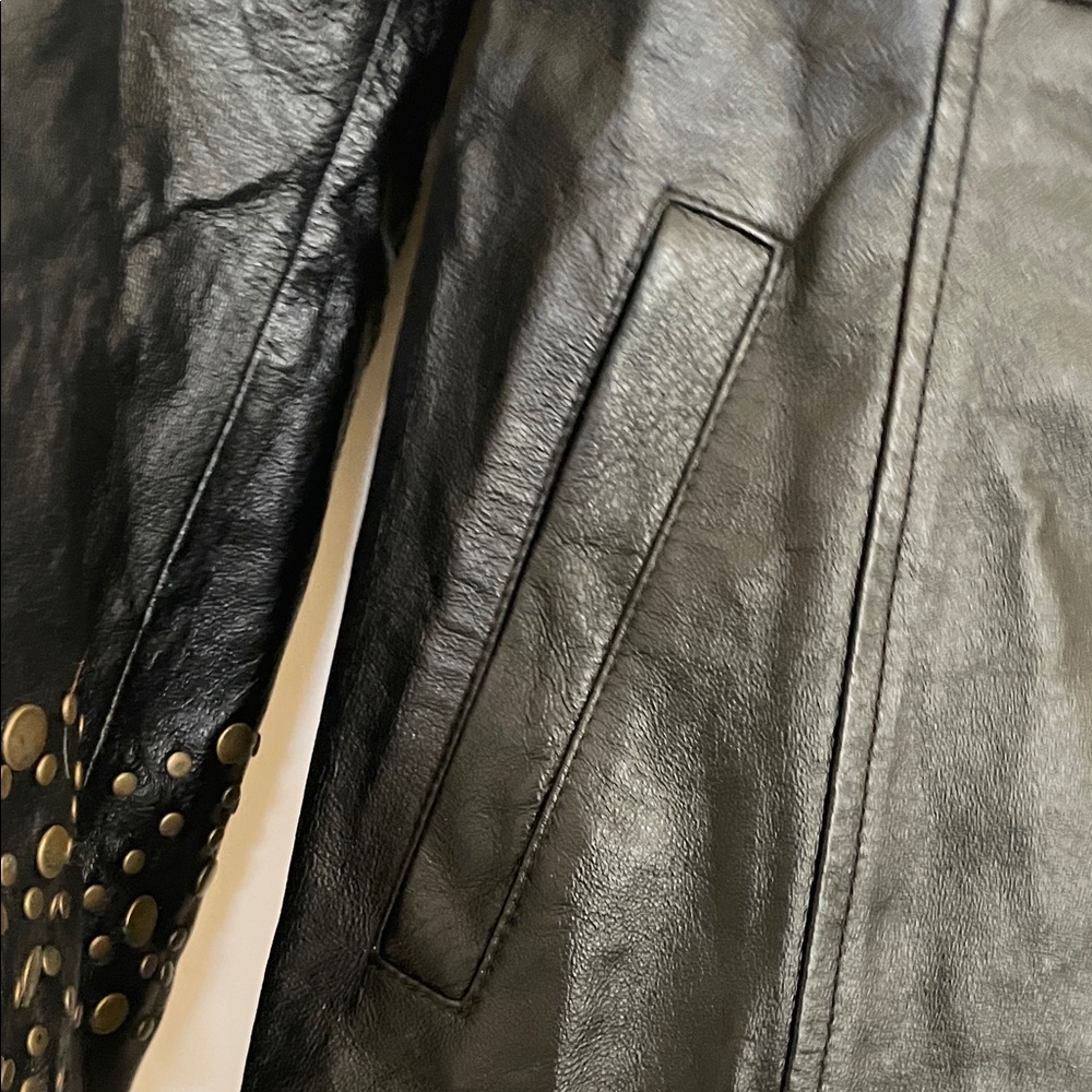 Vintage Pamela McCoy Black Gold Studded Leather Trench Coat - Picture 5 of 10